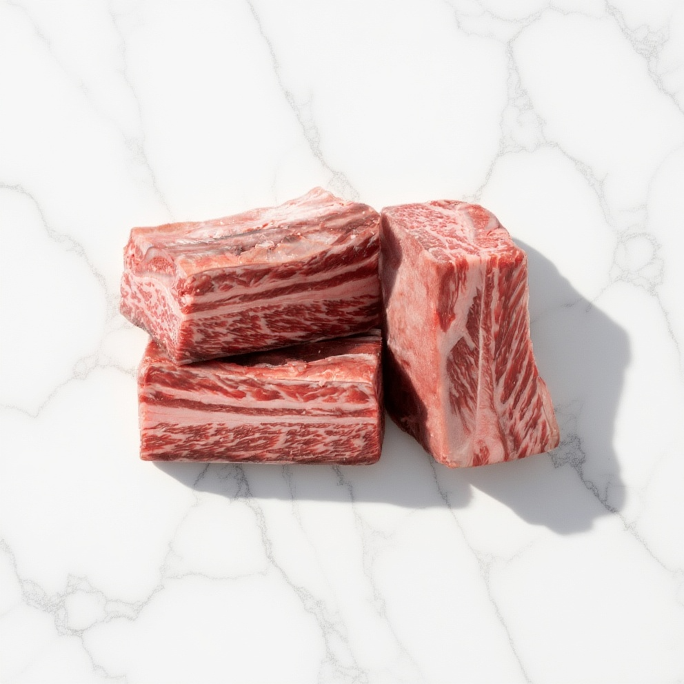 21-day dry-aged Beef Short Ribs on white marble